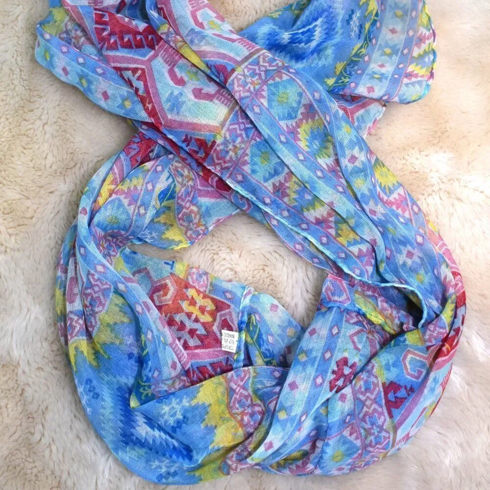 Colorful Boho Eternity Scarf Blue Pink Yellow Semi Sheer Wrap